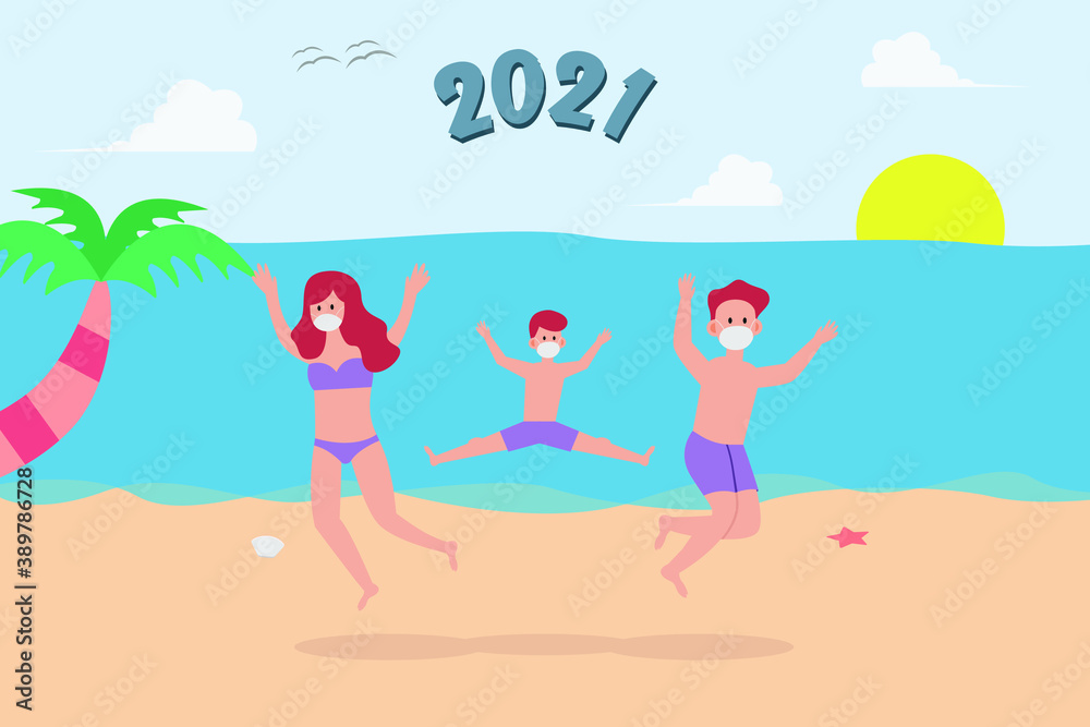 New normal in new year vector concept: Young parents and little son jumping on the beach while wearing face mask with number 2021