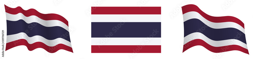 flag of Kingdom of Thailand in static position and in motion, developing in wind in exact colors and sizes, on white background