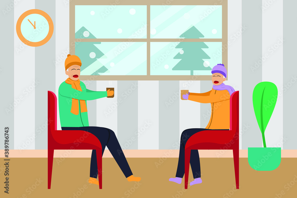 Senior couple vector concept: Senior couple drinking a glass of warm drinks while sitting on the chair together with winter background on the window at home