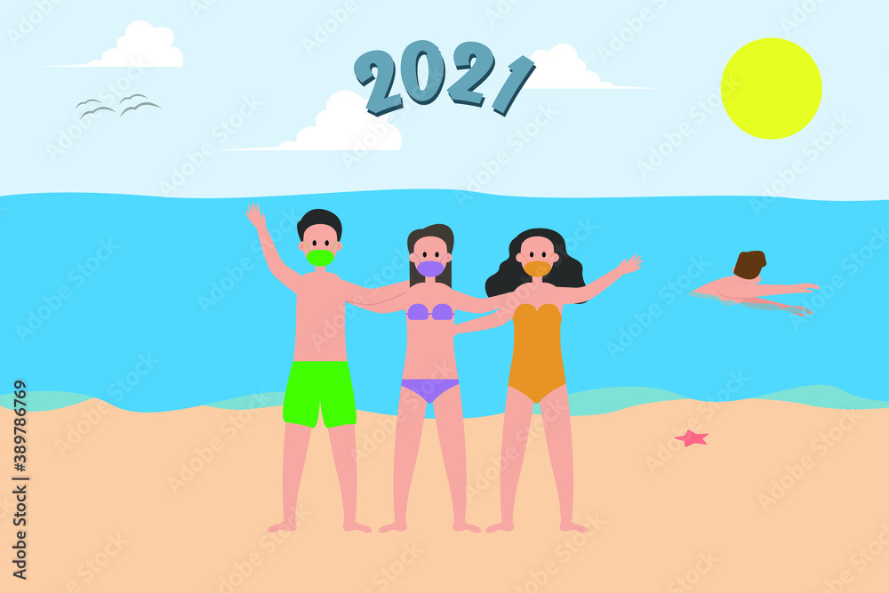 New normal in new year vector concept: Group of teenagers enjoying holiday together while wearing protective mask with number 2021