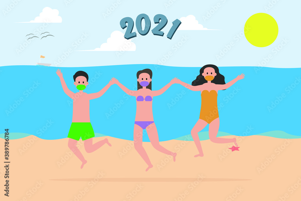 New normal in new year vector concept: Happy teenagers jumping together on the seashore while wearing face mask with number 2021