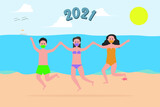 New normal in new year vector concept: Happy teenagers jumping together on the seashore while wearing face mask with number 2021