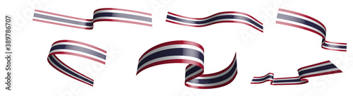 Set of holiday ribbons. flag of Kingdom of Thailand waving in wind. Separation into lower and upper layers. Design element. Vector on white background