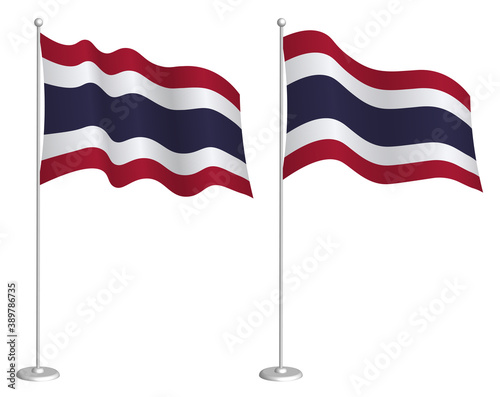 flag of Kingdom of Thailand on flagpole waving in wind. Holiday design element. Checkpoint for map symbols. Isolated vector on white background