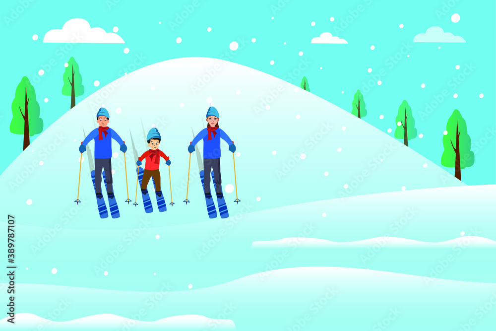 Winter holiday vector concept: Young parents and little son skiing together on the snow hill in winter time