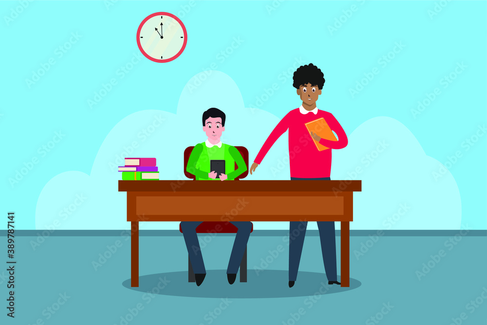 Education vector concept: Male college students studying together with cellphone in the classroom