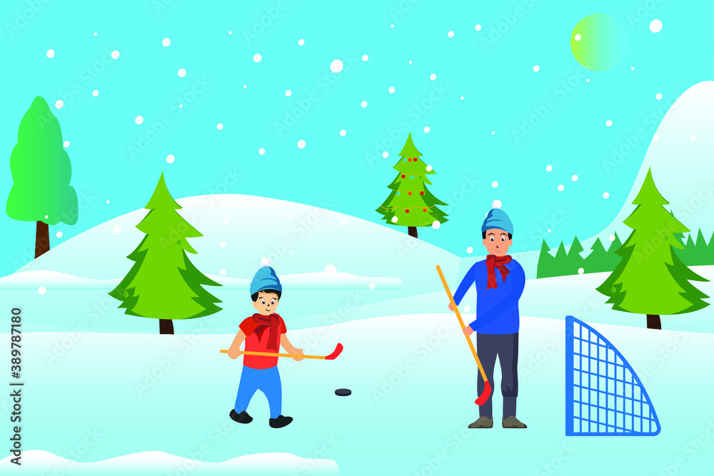 Winter holiday vector concept: Little son and his father playing hockey together
