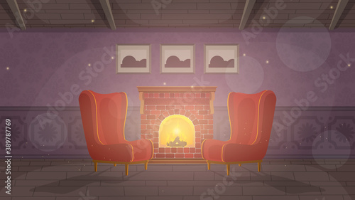 Vintage room with fireplace. Retro room, vintage armchairs, fireplace, fire. Vector.