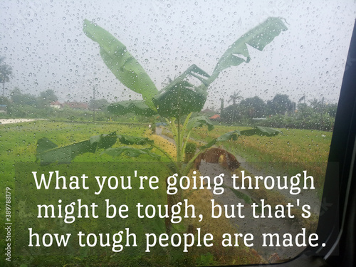 Inspirational quote - What you are going through might be tough, but that is how tough people are made. On background of banana tree growth on rainy day in field. View from car window. photo