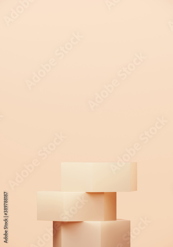 Minimal abstract mockup background for product presentation. Beige step podium on beige background. 3d rendering illustration. Clipping path of each element included.