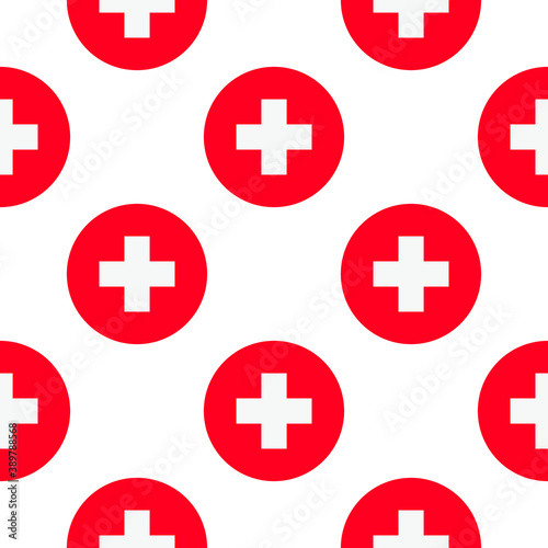 Switzerland round flag seamless pattern. circle icons. Geometric symbols. Texture for travel, sports pages, competitions, game designs. patriotic wallpaper.