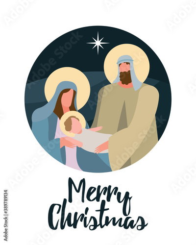 happy merry christmas lettering with holy family scene