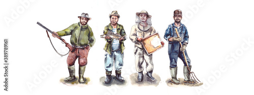 Watercolor illustration.Men's Hobbies and Hobbies, active recreation.Figure of a man in a hat.Characters - a hunter with a gun, a fisherman with fish, a beekeeper in an apiary, a farmer with a