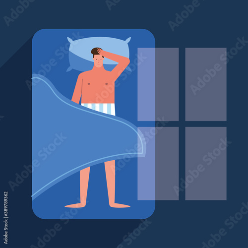 man in bed suffering from insomnia character