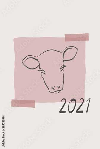 クラフト紙にペンで書いた牛のイラストをマスキングテープで貼った賀詞無し2021年年賀状（ピンク）