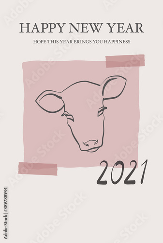 クラフト紙にペンで書いた牛のイラストをマスキングテープで貼った雰囲気の2021年の年賀状（ピンク）