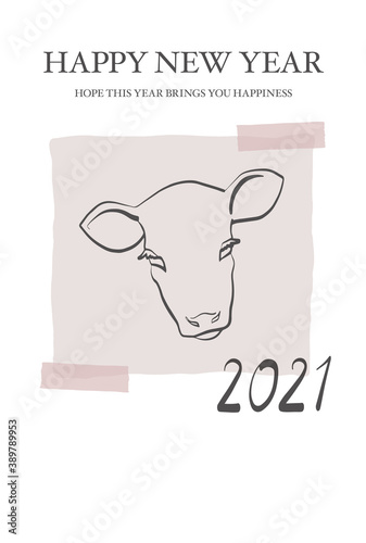 クラフト紙にペンで書いた牛のイラストをマスキングテープで貼った雰囲気の2021年の年賀状（ベージュ）