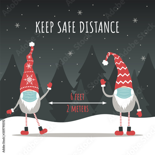 Keep social distancing for Christmas. Cute gnomes wearing a protective face masks from coronavirus. Merry and safe. Vector illustration in cartoon style. Design for poster, banner, flyer.