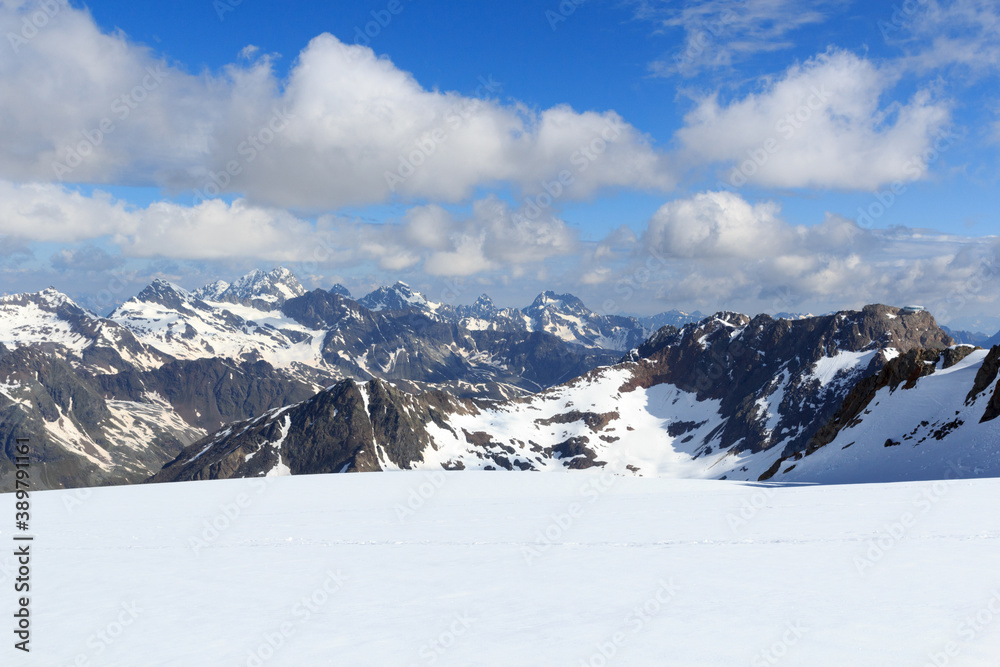 Mountain snow panorama on glacier Taschachferner in Tyrol Alps, Austria