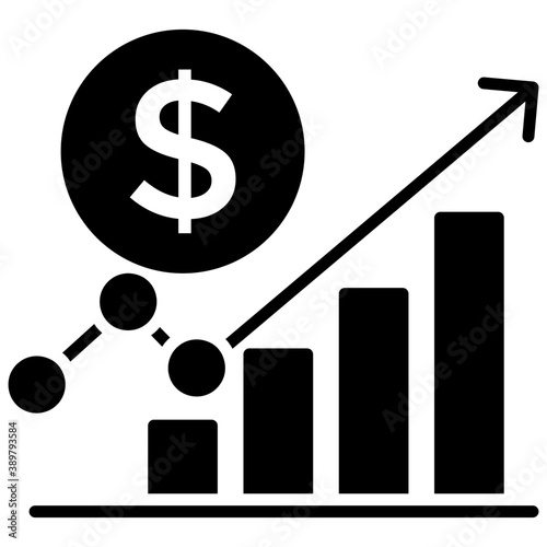 
A bar graphical interpretation with growth arrow and dollar sign to depict revenue growth in best way 
