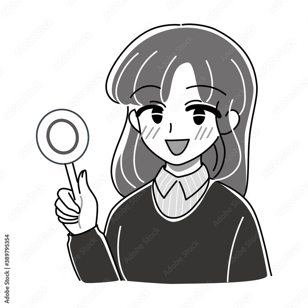 ベクター・丸のパネルを掲げるお姉さんのイラスト・まる・正解・モノクロ