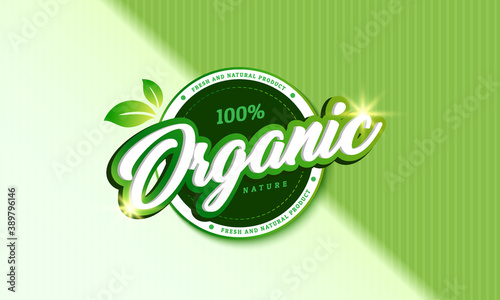 Label food products 100% organic, natural, circle shape. Vector illustration for design of environmentally friendly product packaging, stickers, stamps etc.