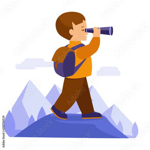 A boy with a hiking backpack looks through a telescope in the mountains. Vector illustration in flat style. Isolated on white.