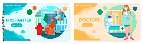 Firefighter uses gydrant and fights fire in building. Rescue personal vector concept illustration. Nurse in face mask in hospital ward. Web site design template