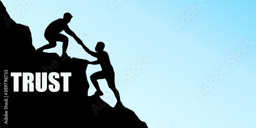 Silhouette of two men hiker helping each other on top of mountain. Teamwork hiking help each other trust assistance.