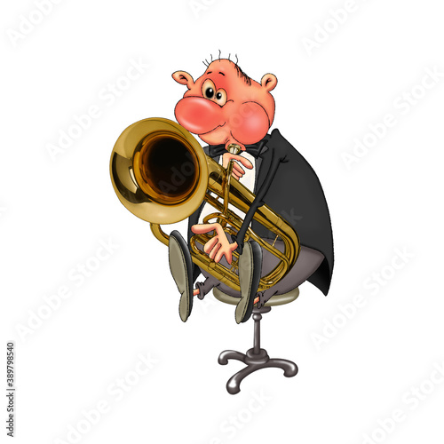 The musician plays the French horn while sitting on a chair. Cartoon illustration on a white background.