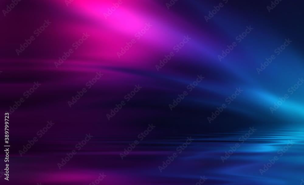 Abstract dark futuristic background. Ultraviolet multicolored beams of neon light reflect off the water. Background of empty stage show, beach party. 3d illustration