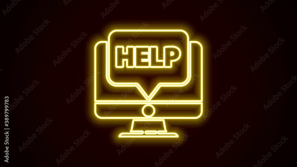 Glowing neon line Computer monitor and help icon isolated on black background. Adjusting, service, setting, maintenance, repair, fixing. 4K Video motion graphic animation Glowing neon line Computer monitor and help icon isolated on black background. Adjusting, service, setting, maintenance, repair, fixing. 4K Video motion graphic animation