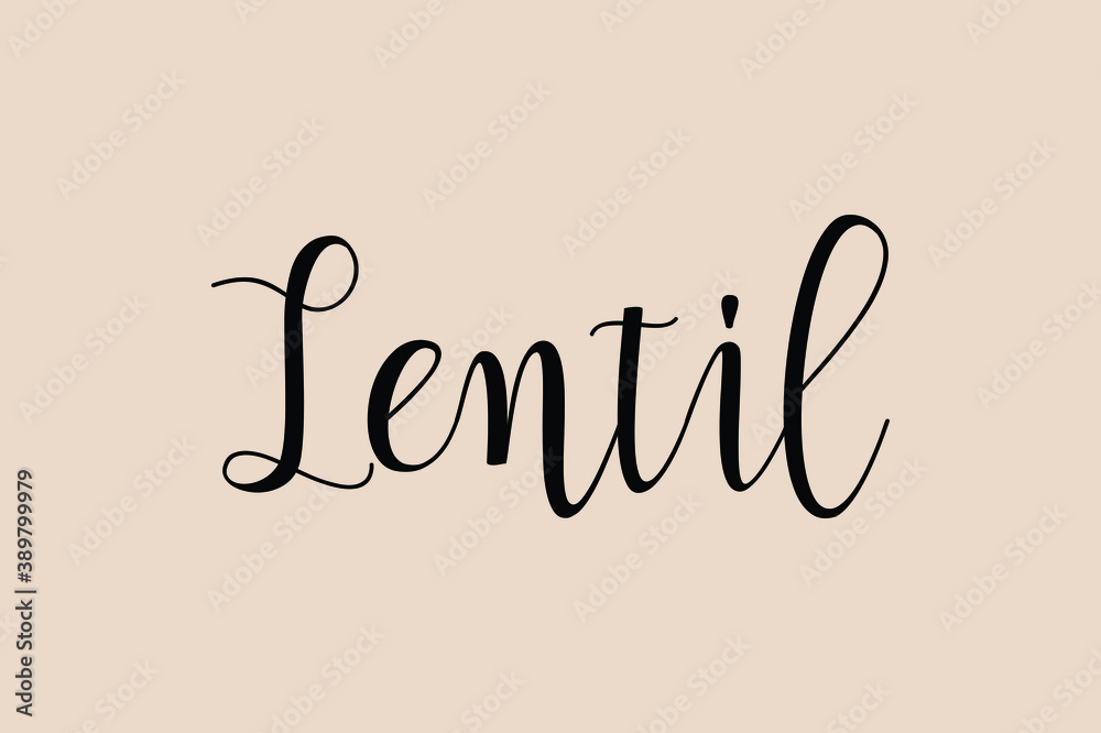Lentil. Cursive Calligraphy Black Color Text On Light Golden Yellow Background