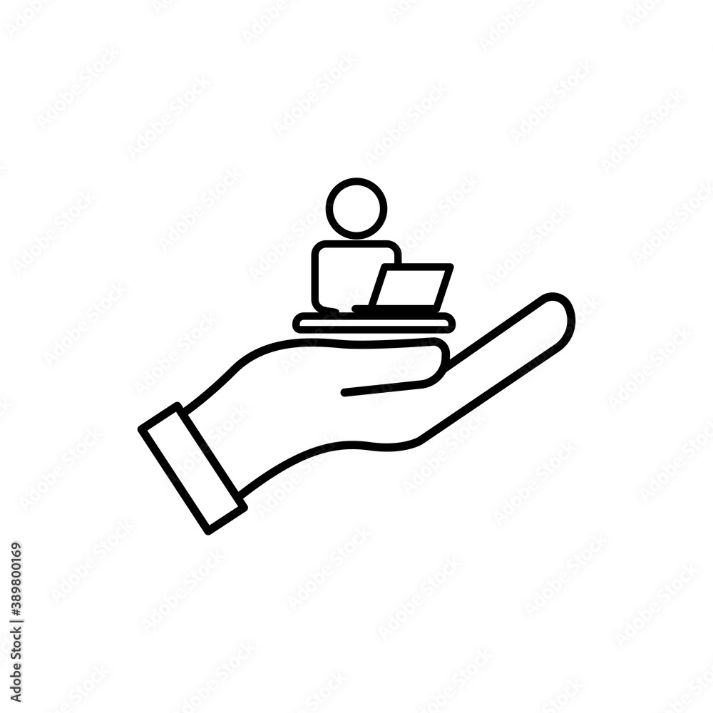 Line icon works with laptop on hand. Design template vector Line icon works with laptop on hand. Design template vector