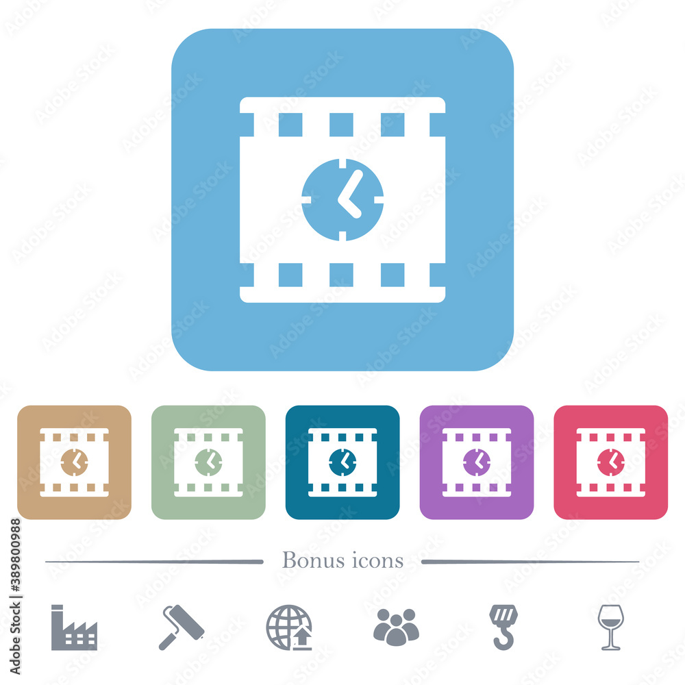 Movie playing time flat icons on color rounded square backgrounds Movie playing time flat icons on color rounded square backgrounds