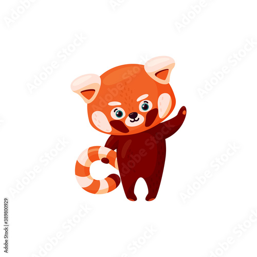 Red panda waving hi. Cute baby red panda isolated in white background. Vector illustration in cartoon style