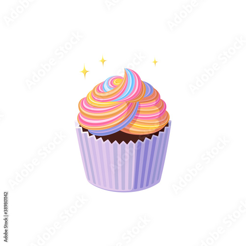Rainbow cupcake with colorful shiny icing. Swirled cream cup. Tasty dessert with pastel rainbow frosting. Vector illustration in cute cartoon style