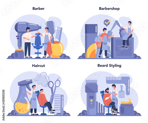 Barber concept set. Idea of hair and beard care. Scissors and brush