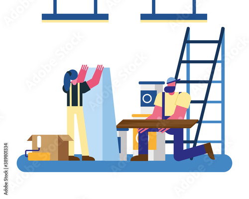 constructors workers couple remodeling with stairs and tools scene