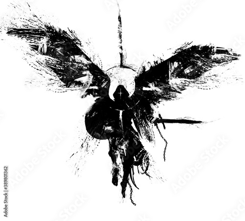 Konstfotografi The silhouette of a warrior angel with a sword and shield floating in the air, he has bare heels, he is dressed in rags on his head, a hood and a halo around him