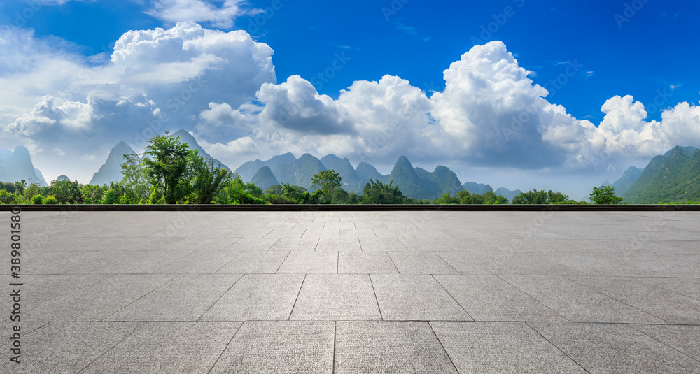 Wide square floor and green mountain natural scenery in Guilin,China.