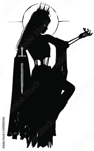 The silhouette of a ghost girl in a black torn dress, her bones show through in places, she holds a dagger with one hand and looks at a butterfly on the other. 2D illustration.