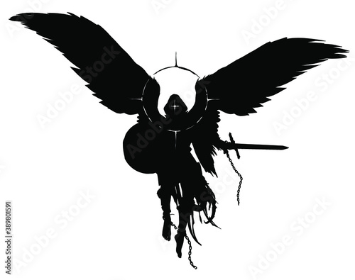 The silhouette of a warrior angel with a sword and shield floating in the air, he has bare heels, he is dressed in rags on his head, a hood and a halo around him. 2D illustration.