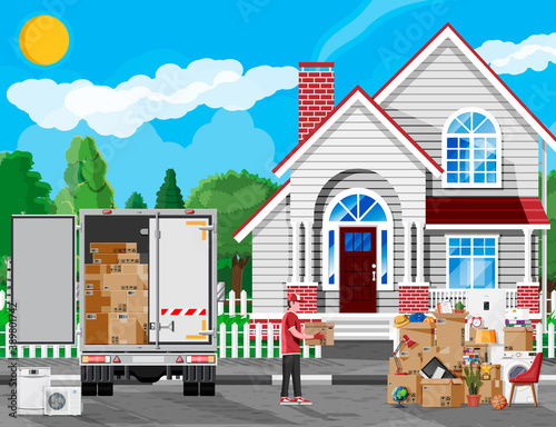 Moving to new house. Family relocated to new home. Male mover, paper cardboard boxes near house, delivery truck. Package for transportation. Household items and electronics. Flat vector illustration