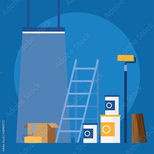 set of remodeling tools with lamp light hanging