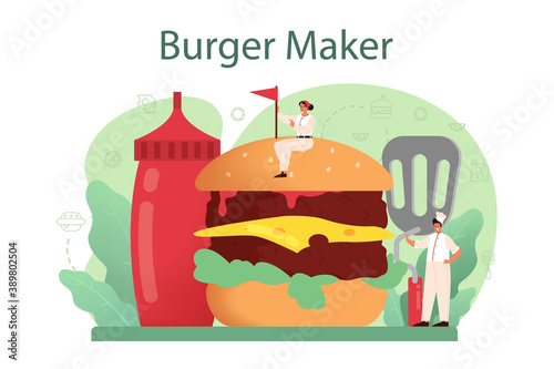 Fast food, burger house concept. Chef cook tasty hamburger