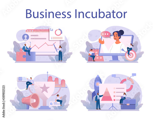 Business incubator concept set. Business people and investors