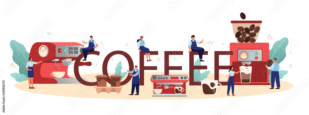 Fototapeta premium Coffee typographic header. Barista making a cup of hot coffee.