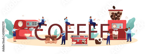 Coffee typographic header. Barista making a cup of hot coffee.