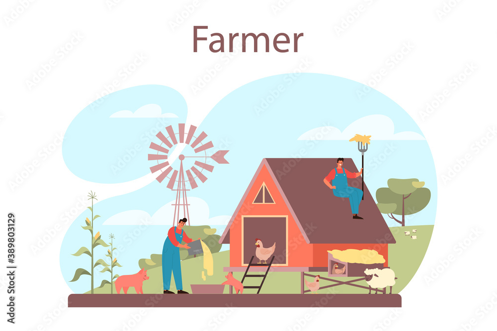 Farmer concept. Farm worker on the field, watering plants and feeding